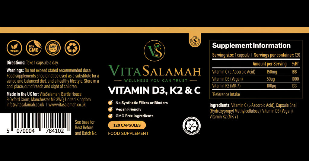 VitaSalamah Vitamin D3, K2 & C – 120 Vegan Capsules